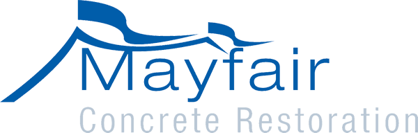 A blue and white logo for mayfair concrete restoration