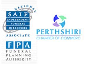 Funeral Planning Authority logo, SAIF logo, Perthshire Chamber of Commerce logo, James Carcary Funeral Directors
