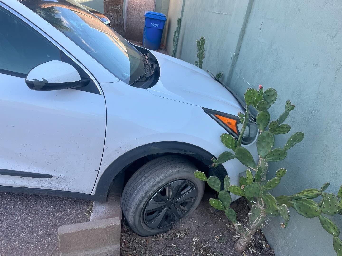 A white car with a flat tire is wedged between a wall and a cactus, on a gravel surface.