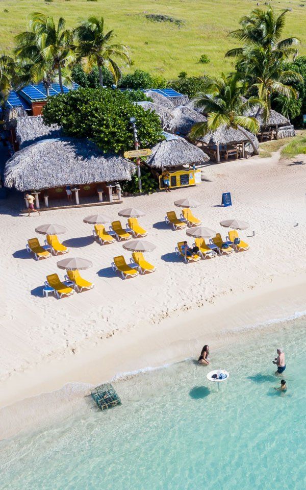 An aerial view of a beach with chairs and umbrellas