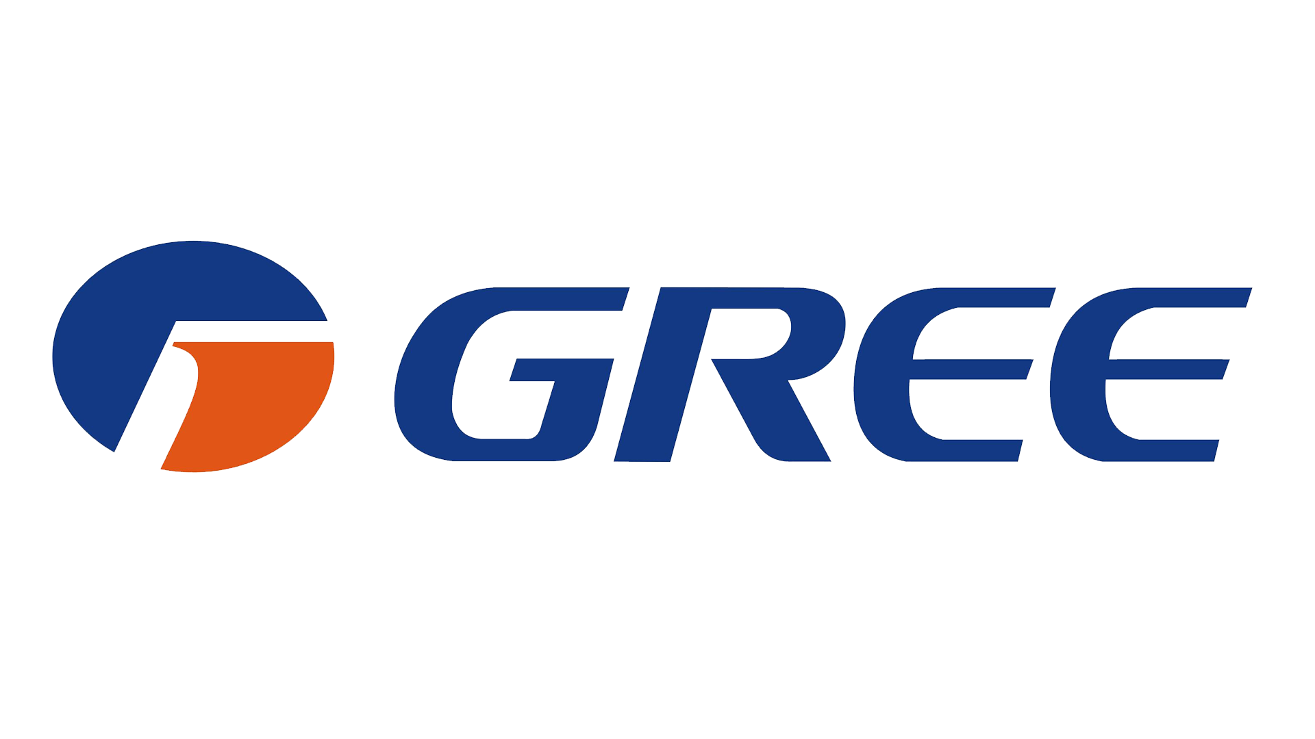 Logo Gree : Cercle bleu avec motif orange, texte bleu foncé « GREE ».