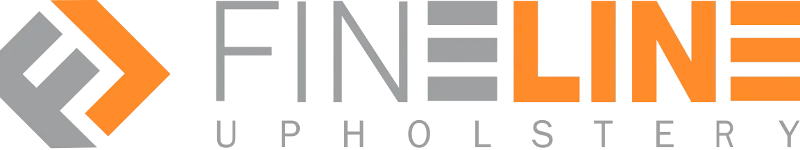 The logo for fineline upholstery is orange and gray.