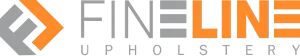 The logo for fineline upholstery is orange and gray.