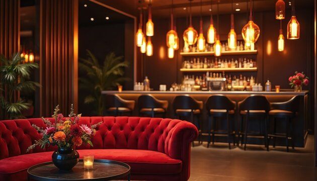 Cozy bar interior with a red velvet couch, a well-lit bar, and hanging lights.