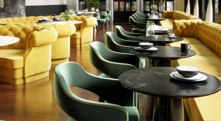Restaurant interior: curved yellow booths, green chairs, round black tables, and gold-toned flooring.