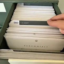 A person is taking a card out of a filing cabinet.