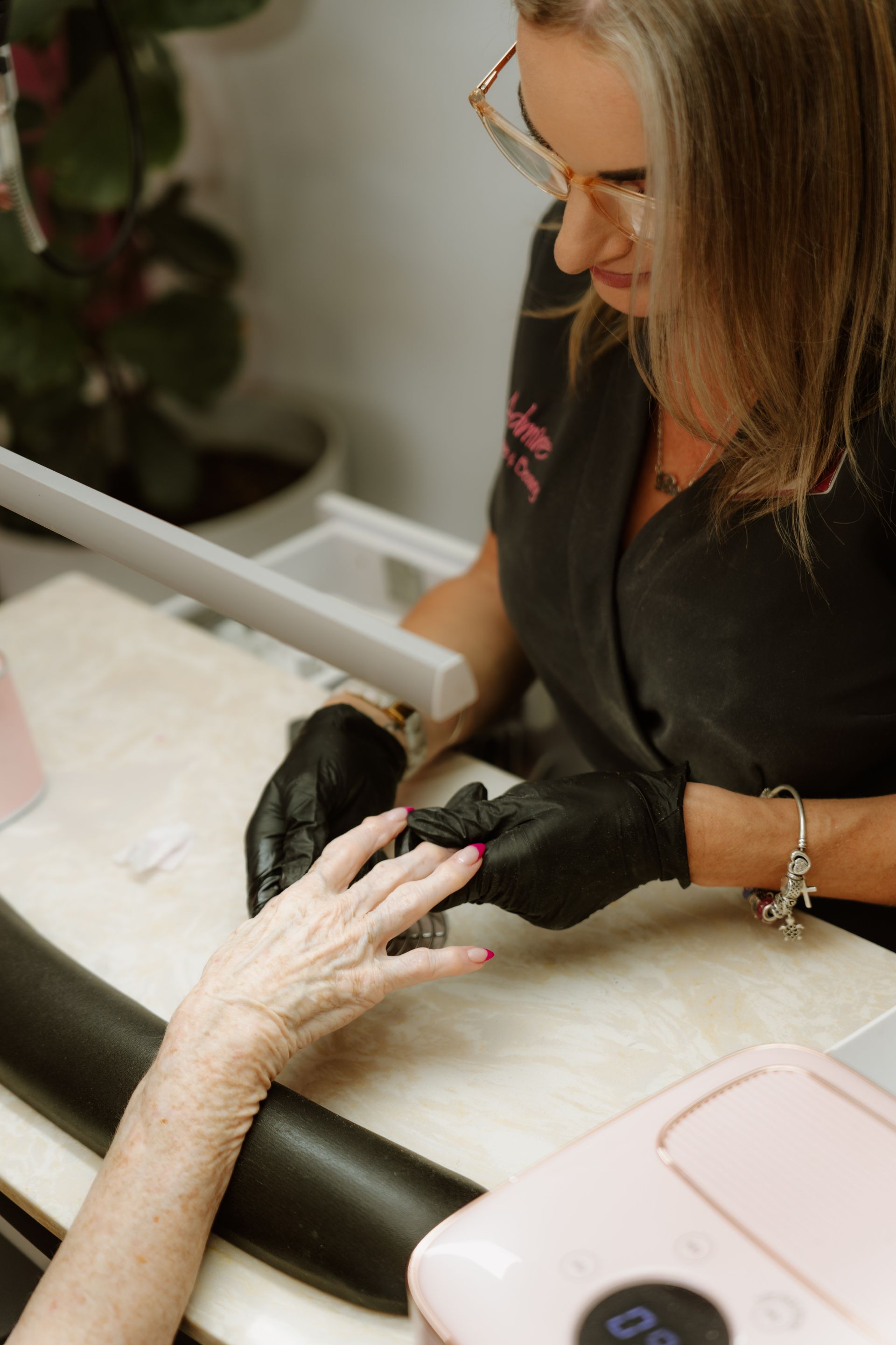 Hands With Square-shaped Nails Painted White and Pink — Admire Skincare and Beauty in Taree, NSW