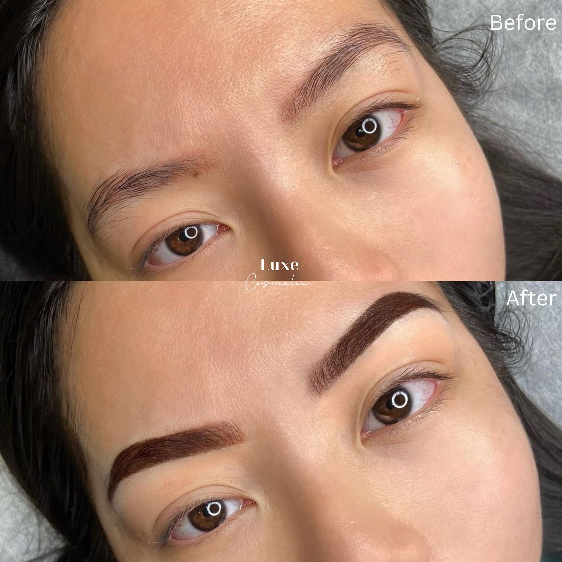 Comparison of eyebrows: before (light, sparse) and after (dark, shaped) microblading. — Admire Skincare and Beauty in Taree, NSW