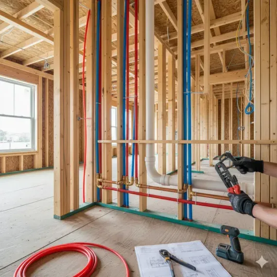 Interior view of a building under construction, showing plumbing. A person is using tools on copper pipes.