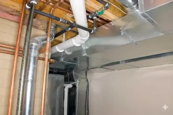 Pipes and ductwork in a basement ceiling; includes copper, galvanized steel, and PVC, next to a white wall.