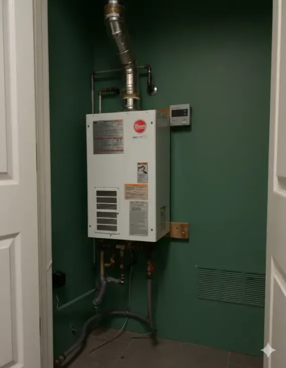 White water heater mounted on a green wall, with exhaust pipe and supply lines visible.