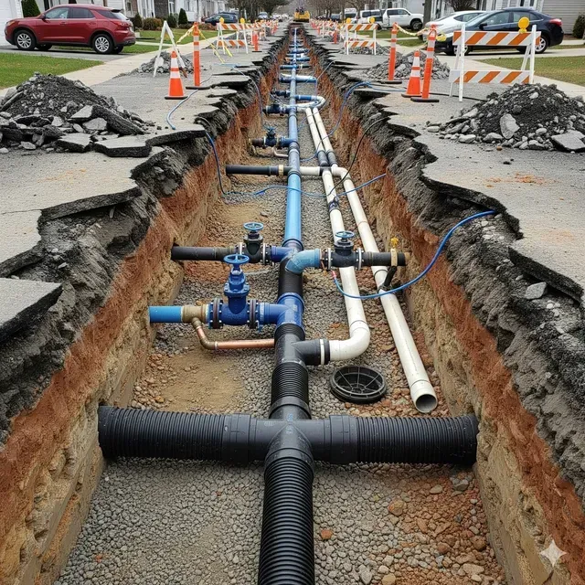 Road construction trench revealing pipes and valves.