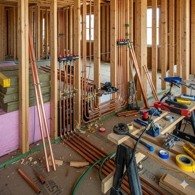 Interior of a house under construction with exposed copper plumbing, tools, and wooden framing.