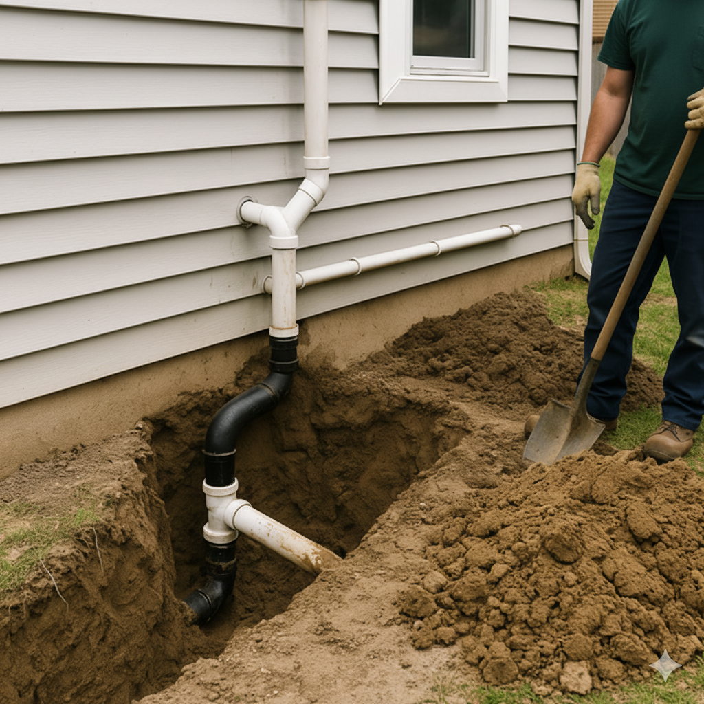 Man digging near a house, exposed plumbing visible in the trench, holding a shovel.