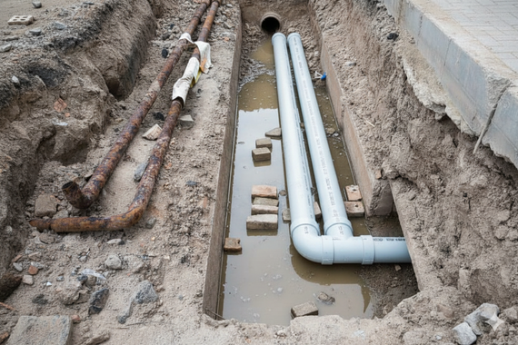 Trench with new gray pipes and old rusty pipes alongside a concrete curb, in ground. Water fills the trench.