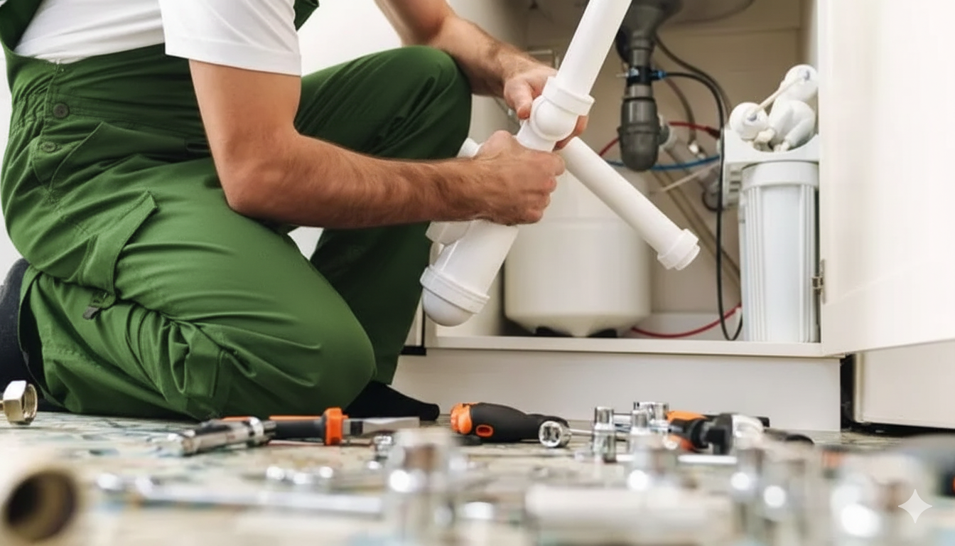 Plumber in green overalls working under a sink, holding pipes and surrounded by tools.