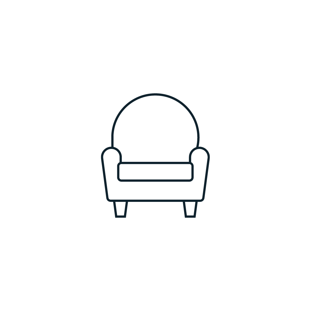 A line drawing of a chair on a white background.
