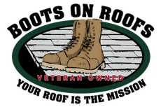 Boots on Roofs logo with tan work boots on shingles, green oval, “Veteran Owned” and “Your Roof Is the Mission”