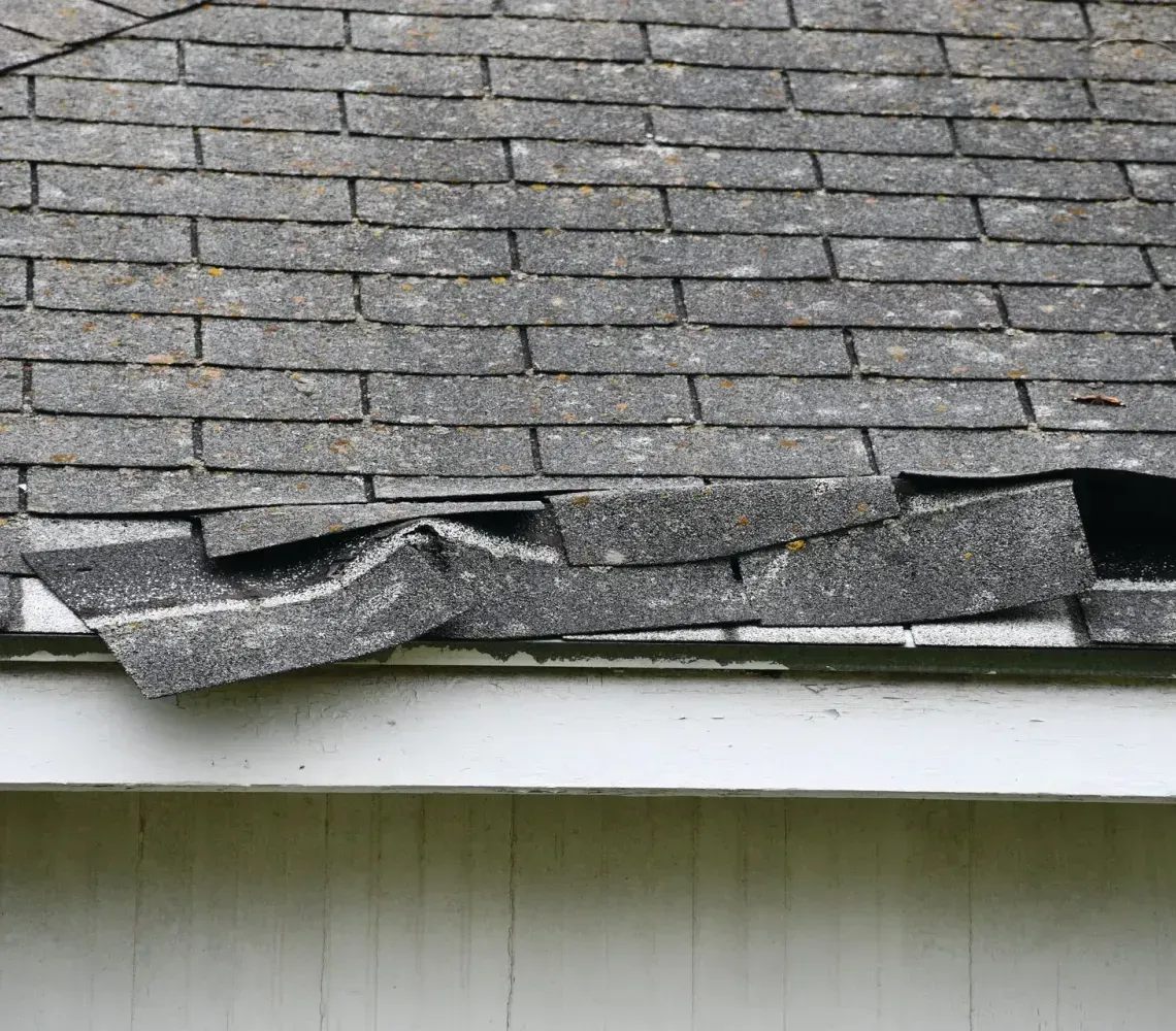 Damaged gray shingle roof with torn and missing shingles along the edge