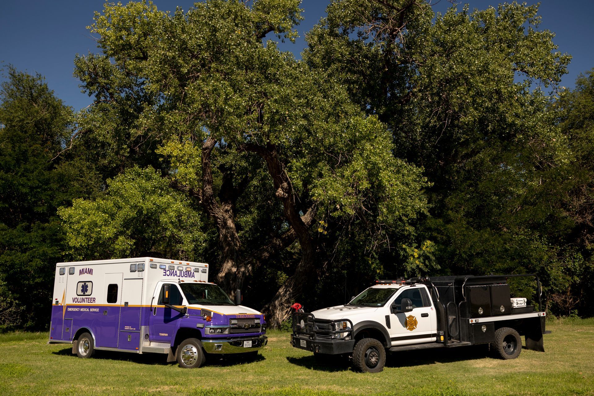 A purple ambulance and a white truck are parked next to each other in a grassy field.