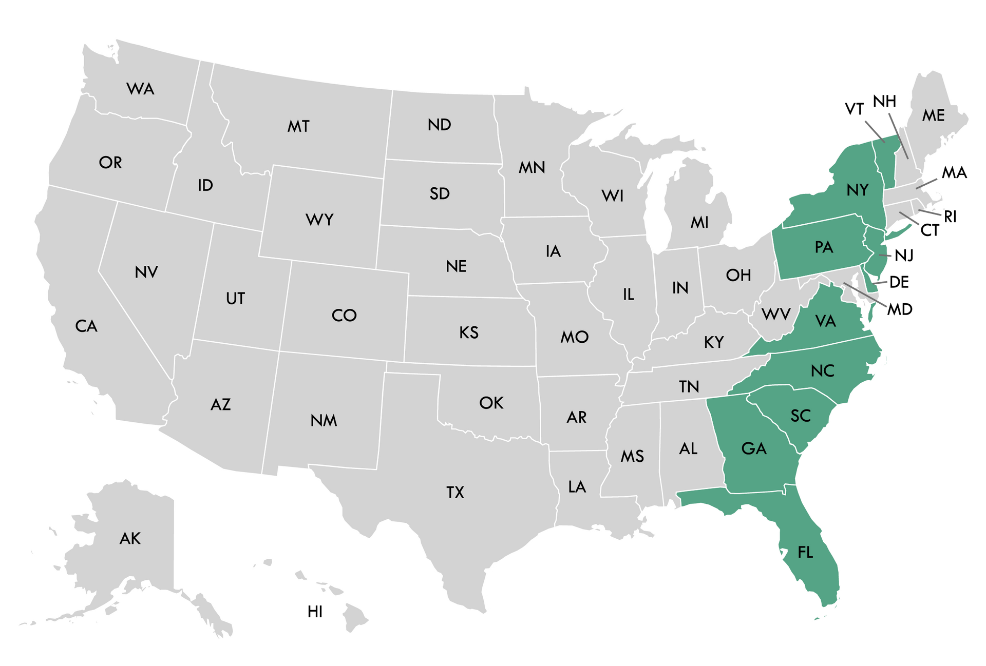 Map of the USA highlighting states along the East Coast in green.