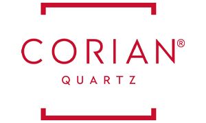 A red and white logo for corian quartz on a white background