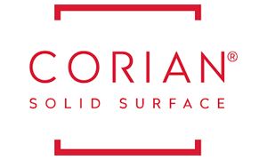 The corian solid surface logo is red and white on a white background