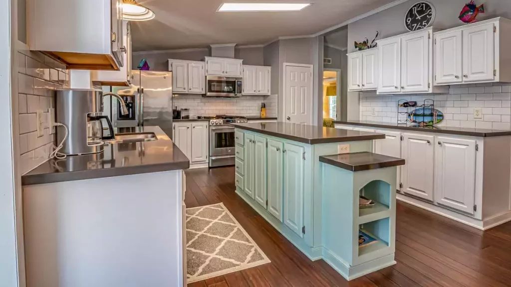 Colorful Kitchen Island Mixing Cabinet Colors