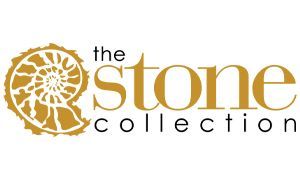 A logo for the stone collection with an ammonite on it