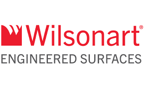 The wilsonart logo is red and white and says engineered surfaces