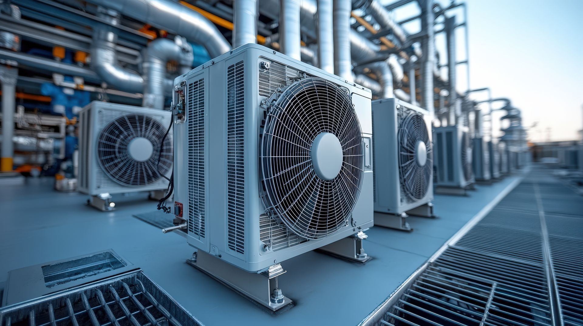 A row of air conditioners are sitting next to each other in a factory.