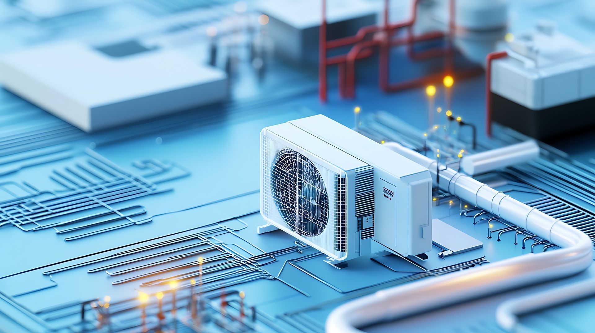 A computer generated image of an air conditioner on top of a motherboard.