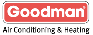 The logo for goodman air conditioning and heating is red and white.