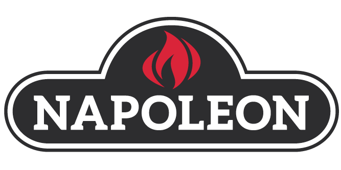 The logo for napoleon grills has a red flame on it.