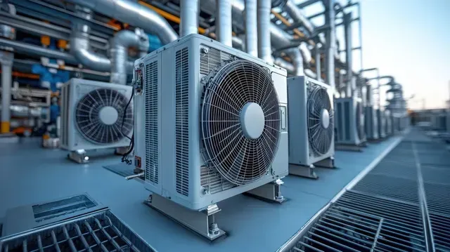 A row of air conditioners are sitting next to each other in a factory.