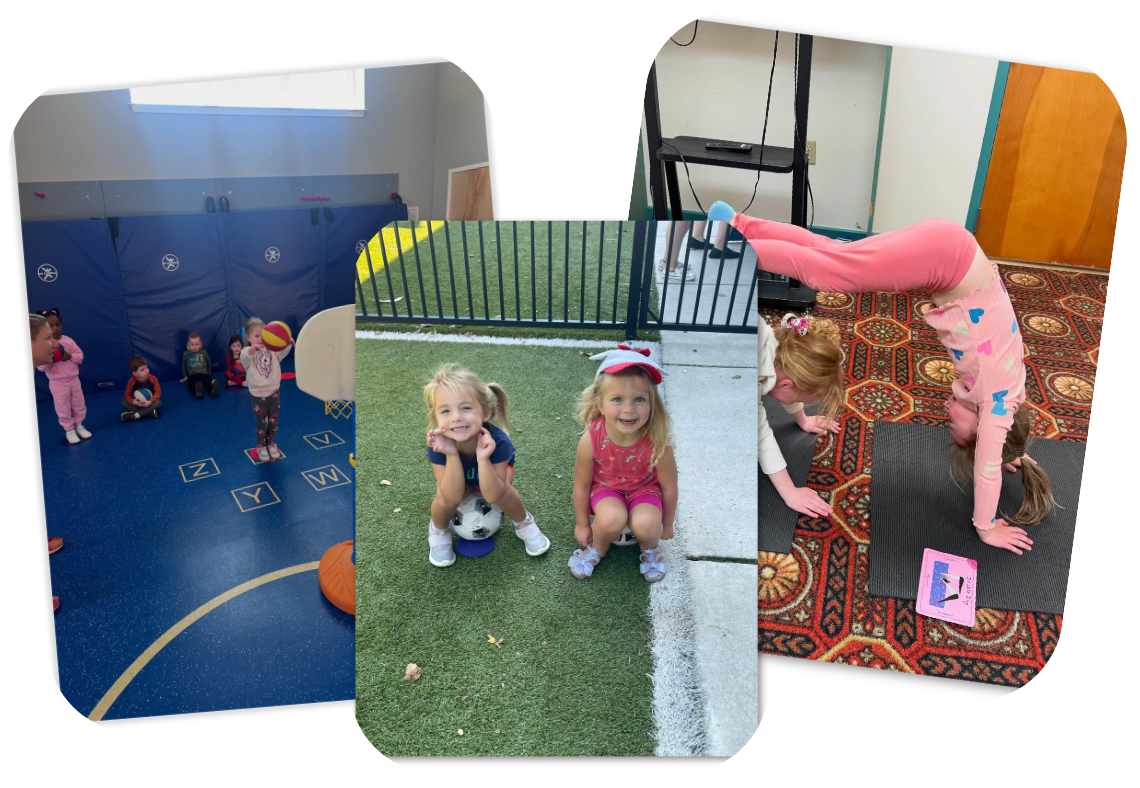 A variety of dynasty sports academy kids playing soccer, basketball and yoga.