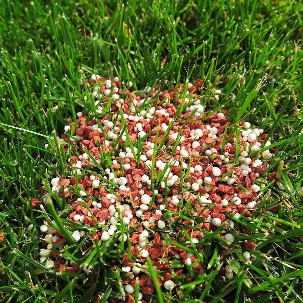 A pile of fertilizer is sitting on top of a lush green lawn.