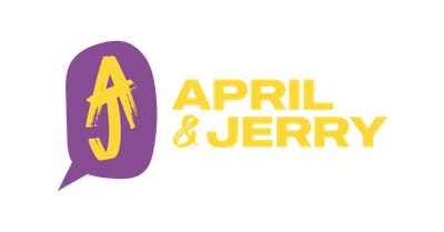 A purple and yellow logo for april and jerry