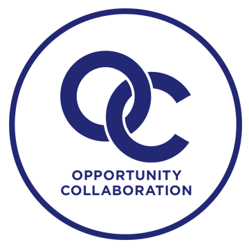 A blue and white logo for opportunity collaboration