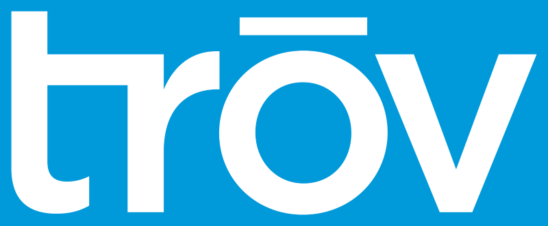 The word trov is written in white on a blue background.