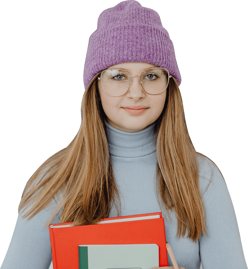 girl student wearing eyeglasses and purple bonnet holding notebooks