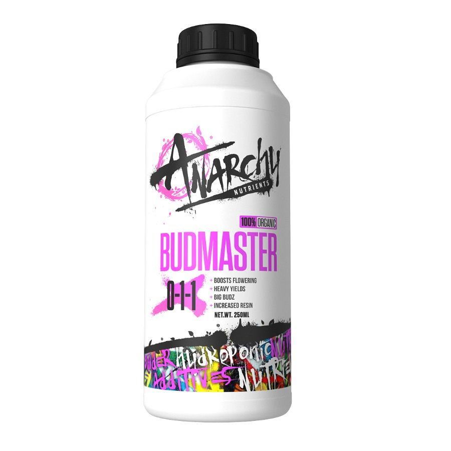 A bottle of anarchy budmaster 0-1-1 is on a white background.