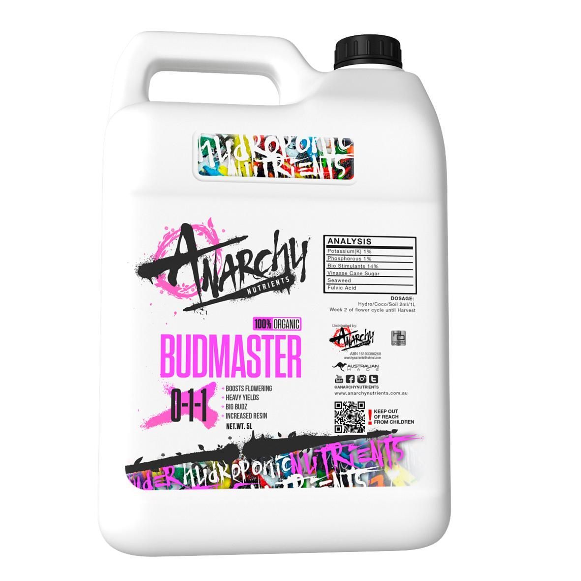 A White Bottle With A Pink Label That Says Budmaster On It — Wide Bay Hydroponics In Saint Helens, QLD