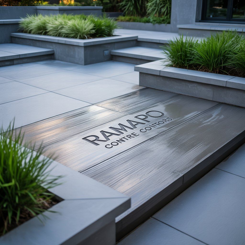Modern patio with tiered planters and gray paving;