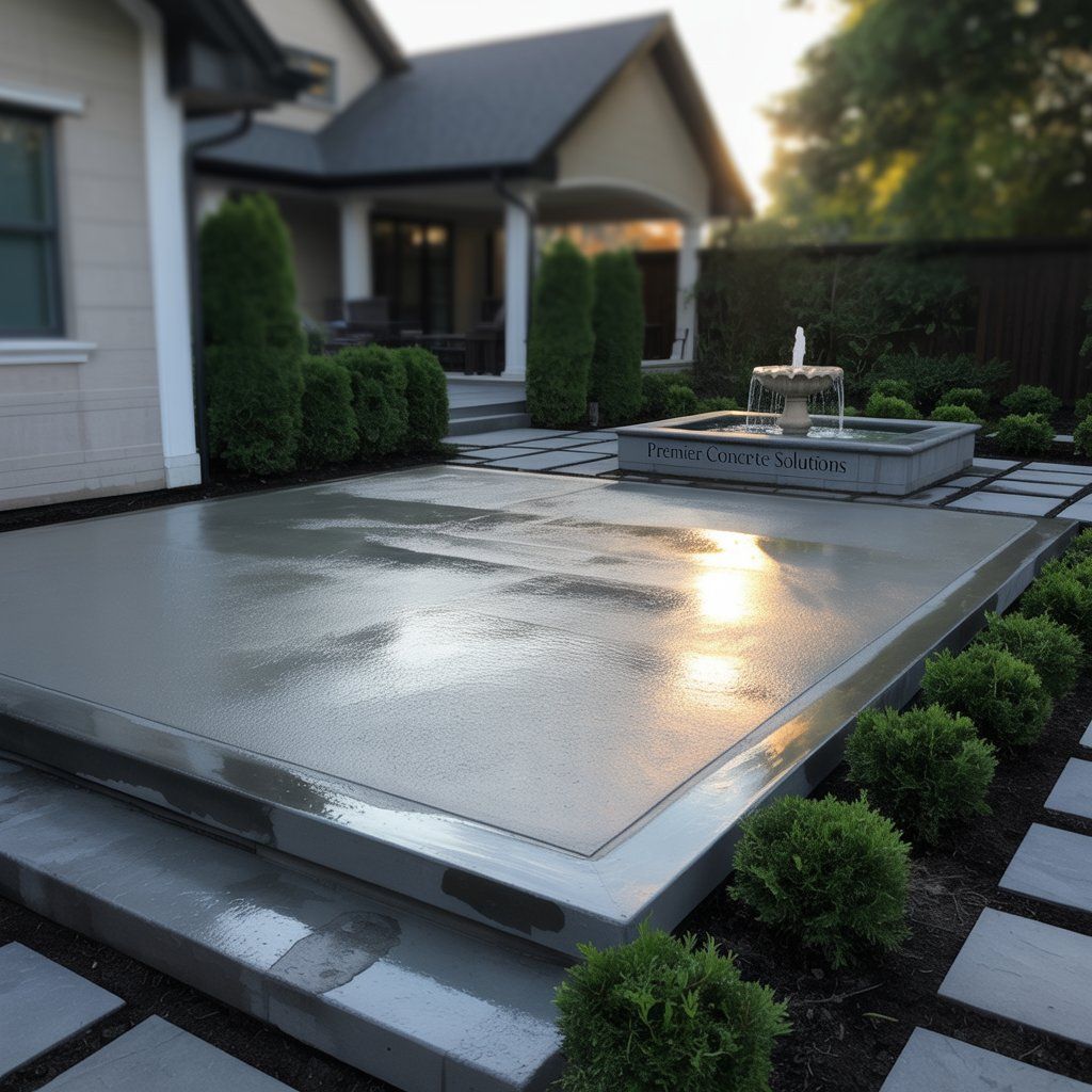 A modern patio with a water fountain and manicured shrubs, reflecting sunlight, in front of a house.