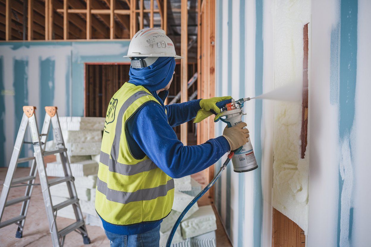 A man wearing a hard hat and safety vest is spraying foam on a wall.