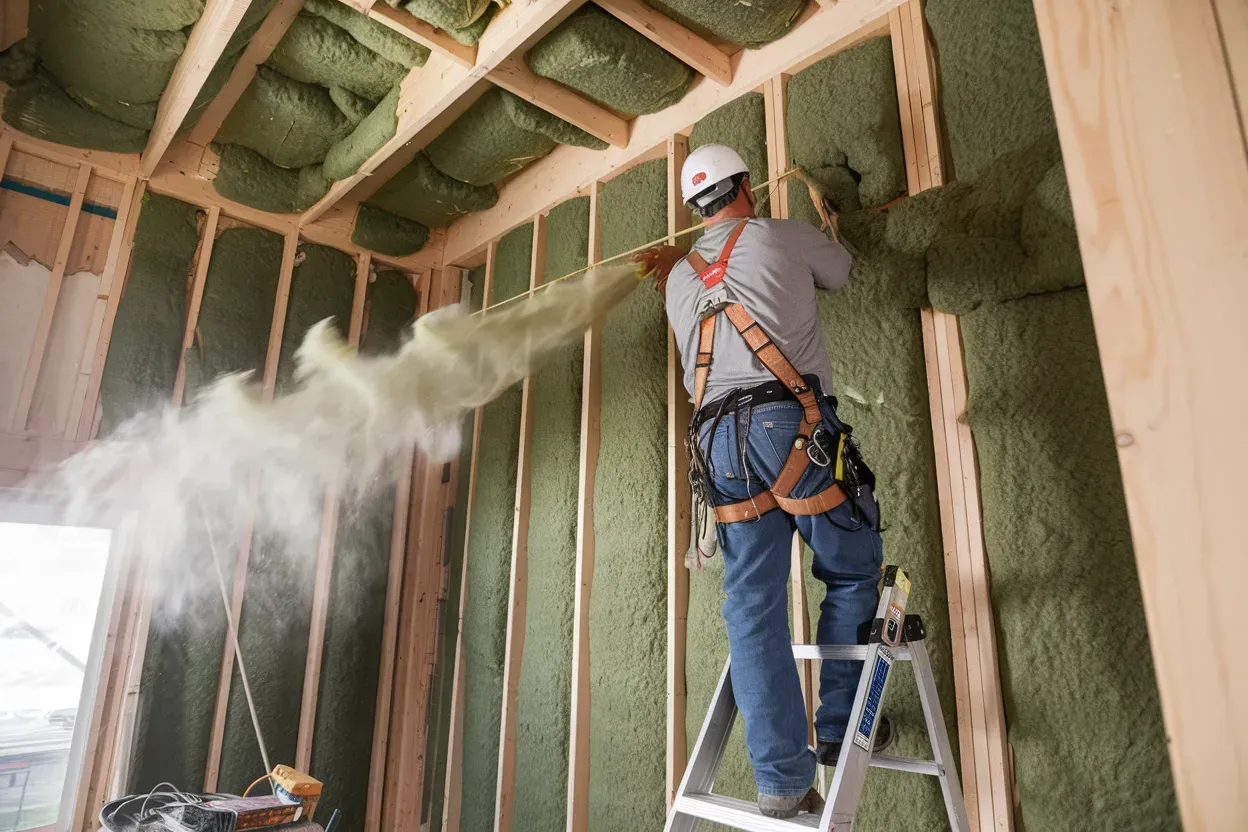 A man is standing on a ladder spraying insulation on a wall.