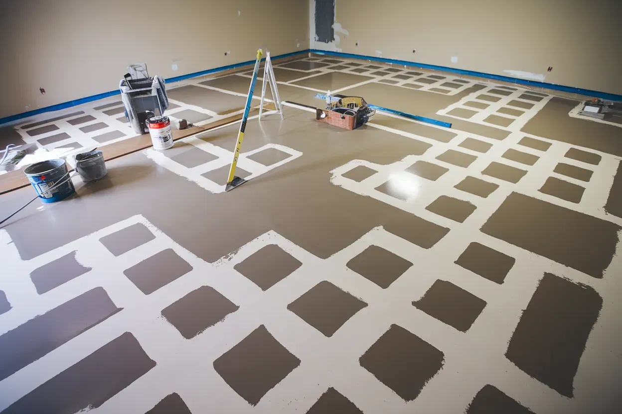 A room is being painted with a pattern of squares on the floor.