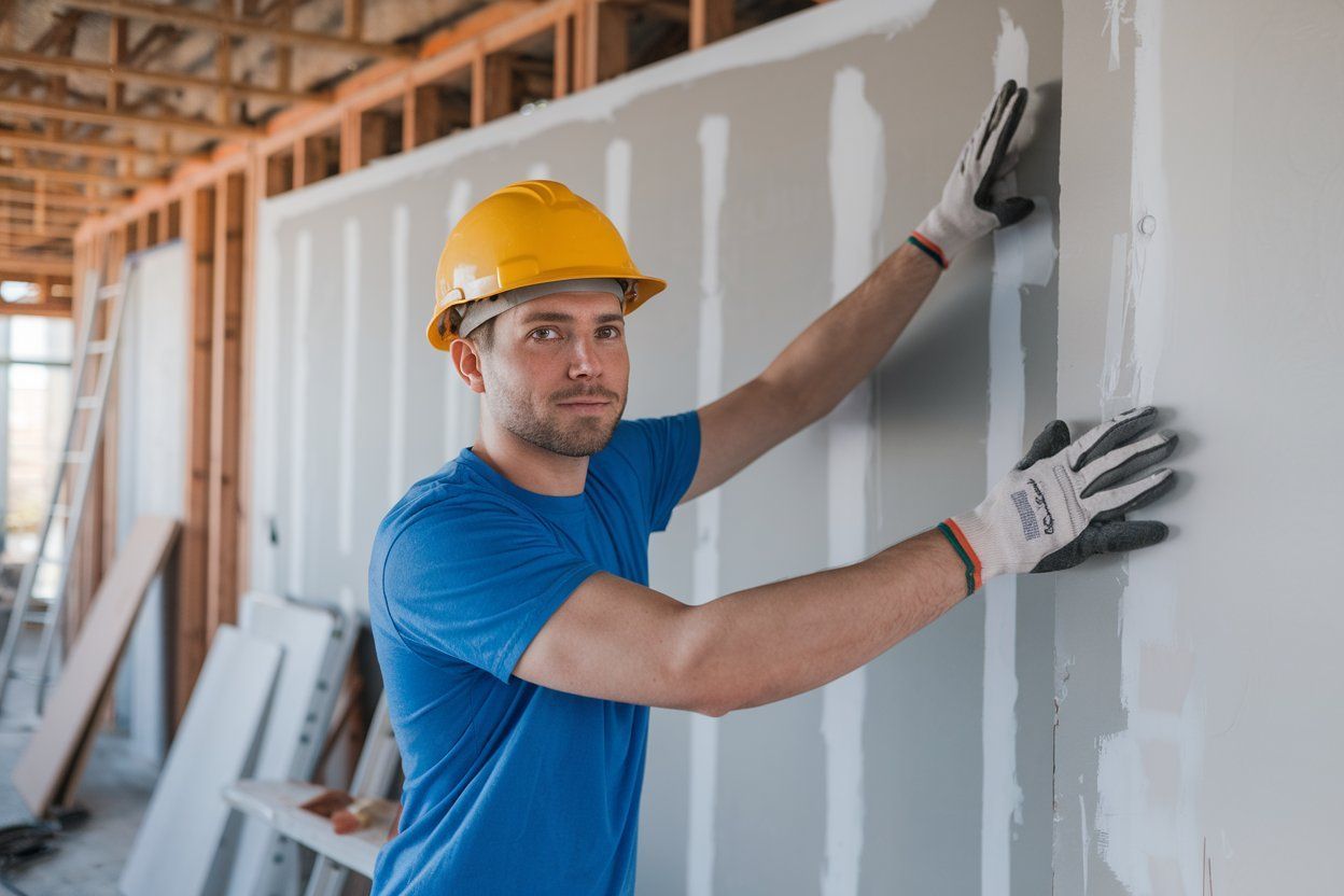 A man wearing a hard hat and gloves is plastering a wall.