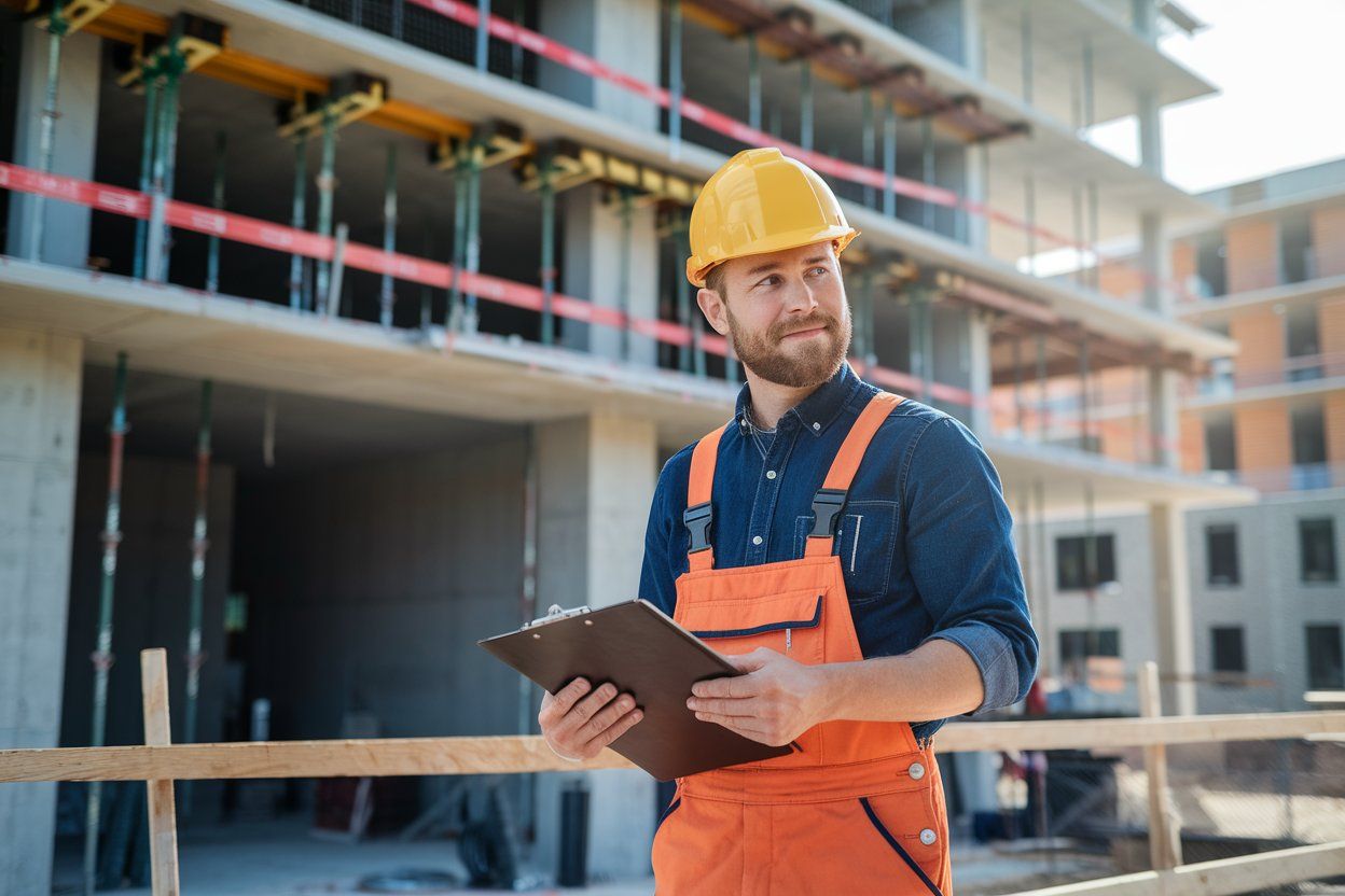 A construction worker is holding a clipboard in front of a building under construction.